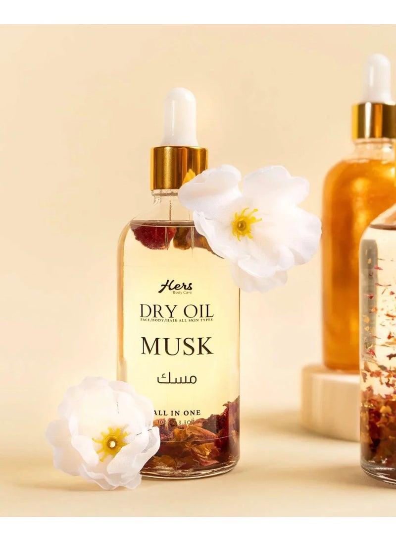 هيرز دراي أويل مسك 100 مل للبشرة والوجه والشعر، زيت خفيف سريع الامتصاص يرطب وينعم بدون أي أثر دهني